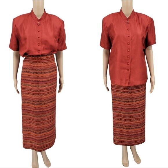 Plaza South Vintage Silk Burnt Rust Orange Maxi Skirt Blouse Matching Set - Picture 1 of 15